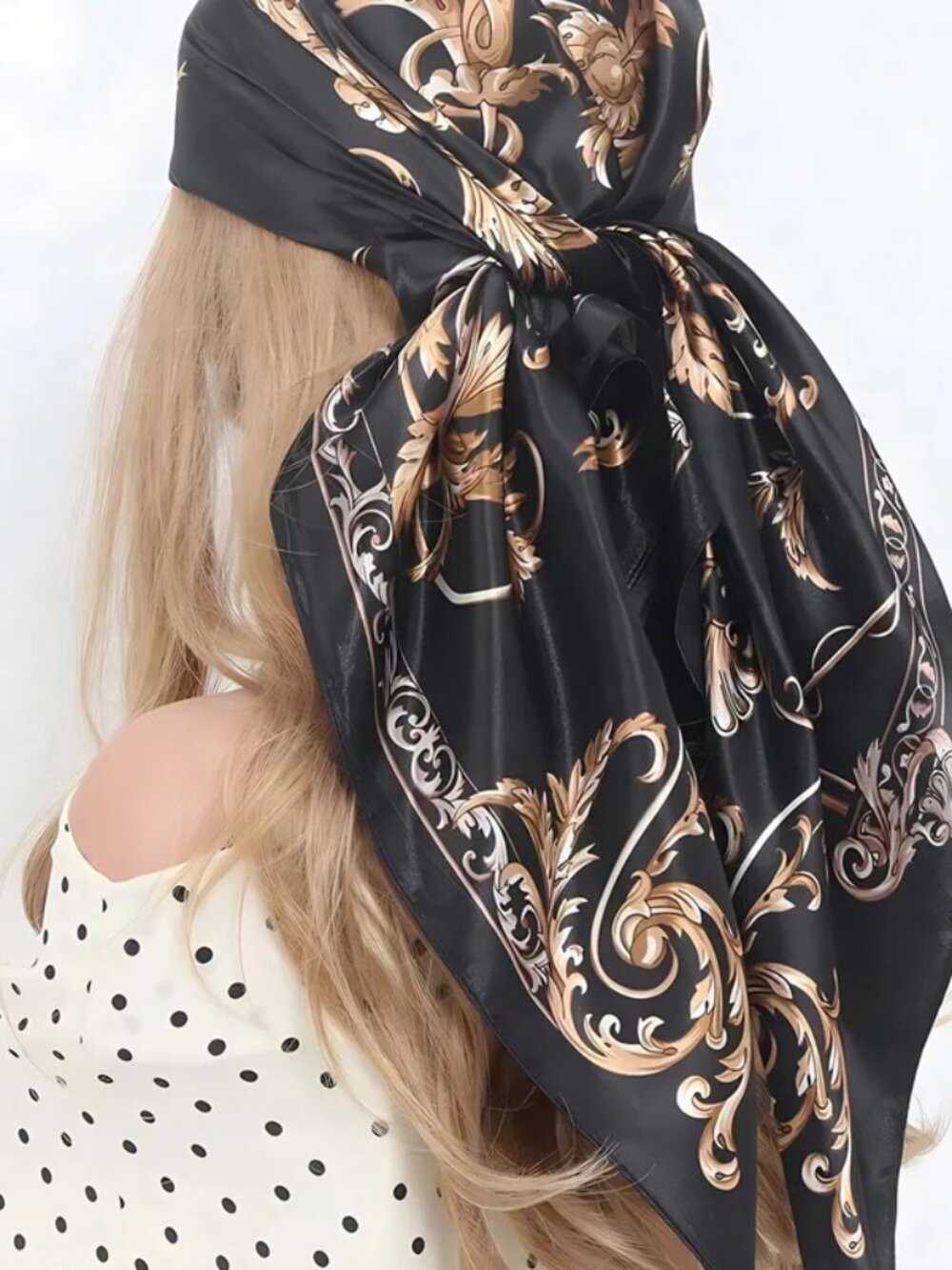 2/$30 Vintage Baroque Silk Feel Square Scarf Floral Gold & Black Head Wrap Large